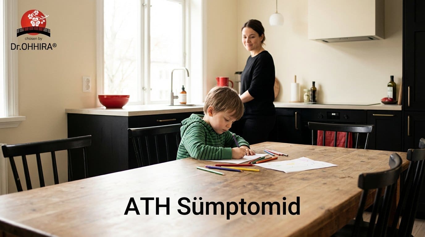 Noor poiss joonistab laual värvipliiatsitega, naine seisab taustal köögis.