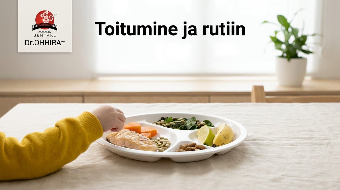 Lapse käsi ulatub taldrikuni, millel on lõhe, köögiviljad ja puuviljad. Pealkiri: Toitumine ja rutiin.