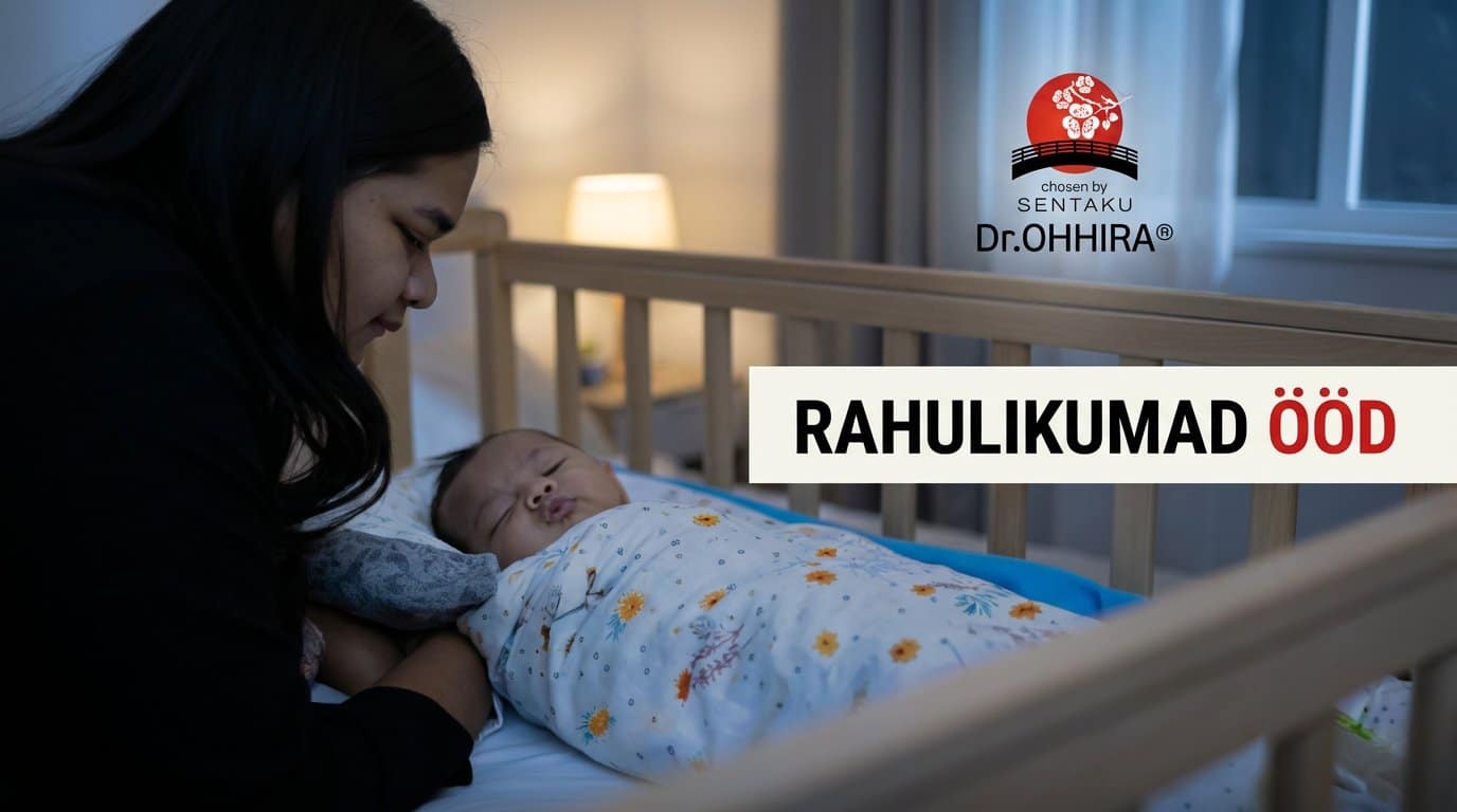 Женщина с нежностью смотрит на ребенка, спящего в кроватке, на фоне лампы и окна. Текст на рекламе гласит: 'HAPPIER NIGHTS'.