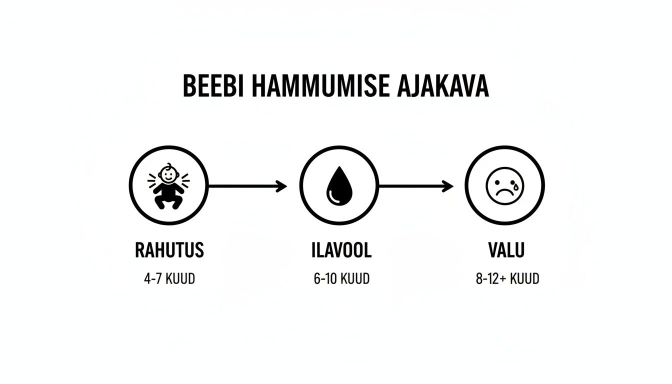 Временная шкала появления молочных зубов, показывающая этапы беспокойства, озорства и боли с возрастом.