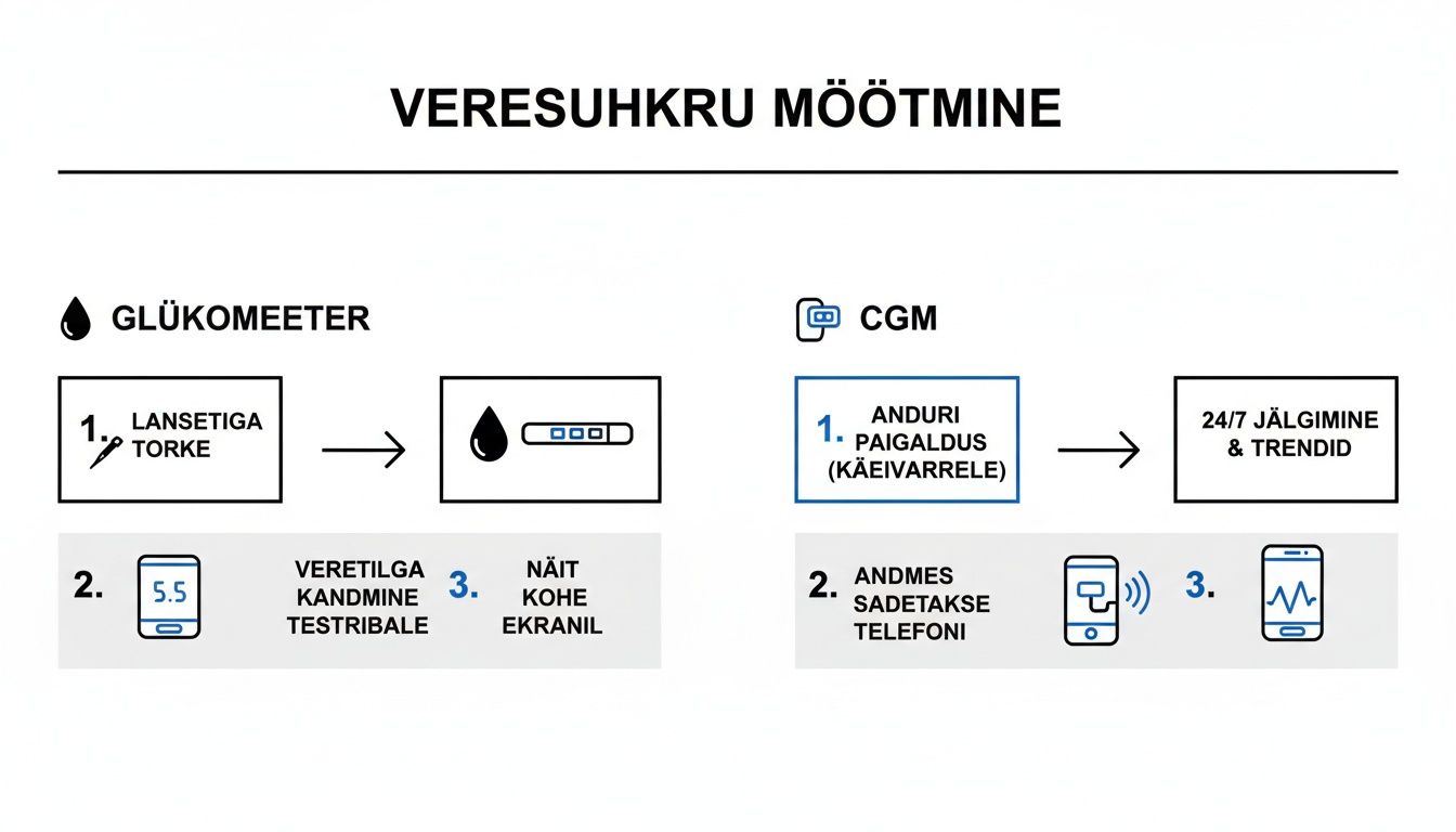 Skeem veresuhkru mõõtmise meetoditest: glükomeeter ja pidev glükoosimonitor (CGM).