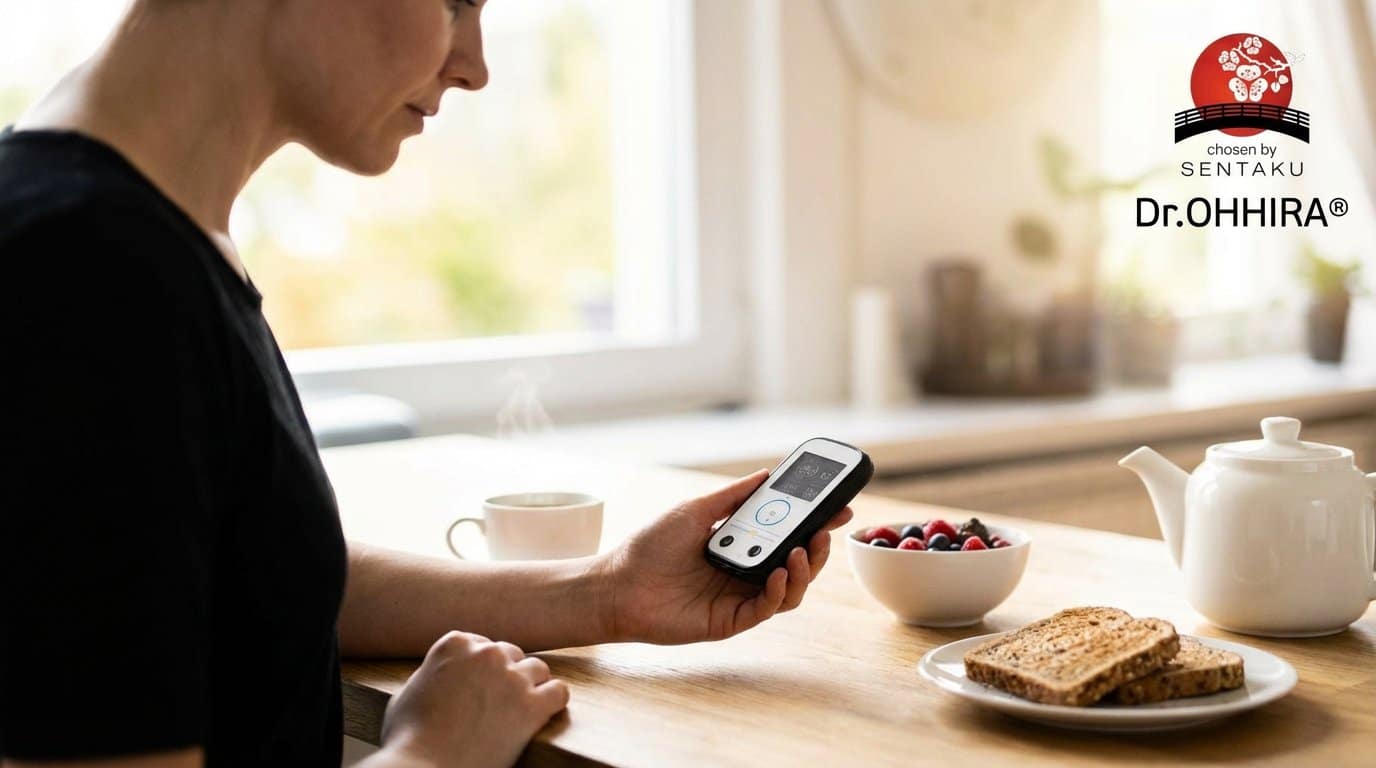 Naine hoiab hommikusöögilaual veresuhkrumõõtjat, mille läheduses on kohv, marjad ja röstsai.