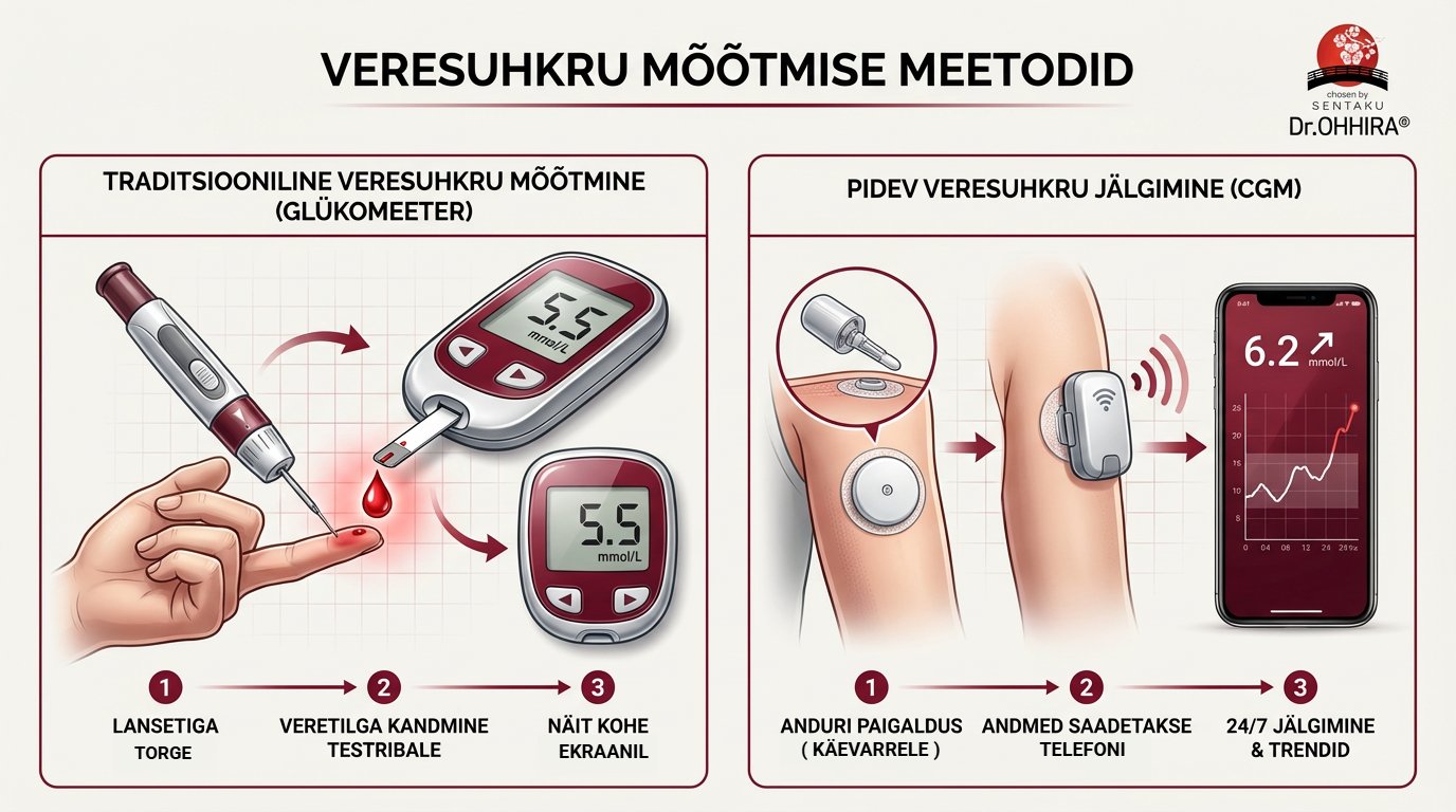 Pilt võrdleb traditsioonilist veresuhkru mõõtmist glükomeetriga ja pidevat glükoosimonitooringut (CGM).