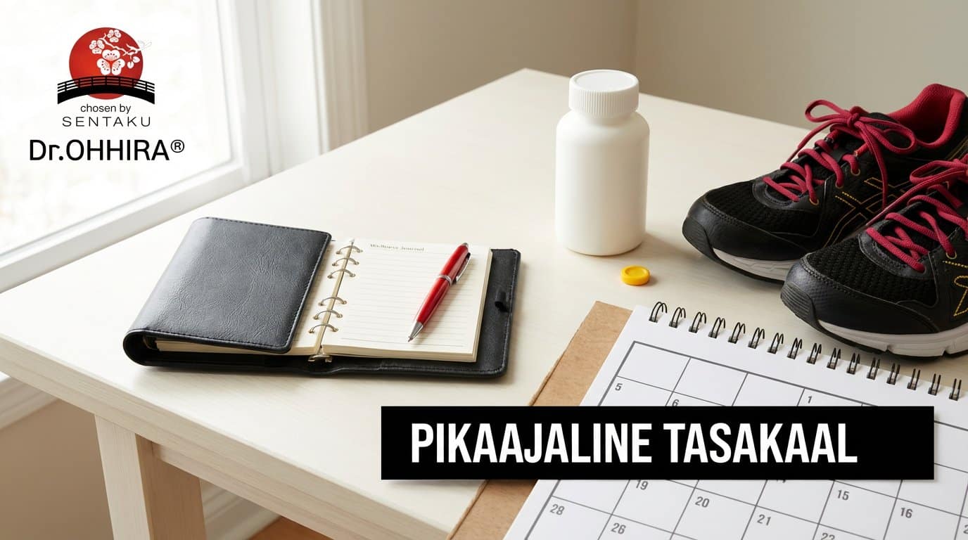 Laual on plaanija, pastakas, pillipudel, spordijalatsid ja kalender, millel on tekst "PIKAAJALINE TASAKAAL".