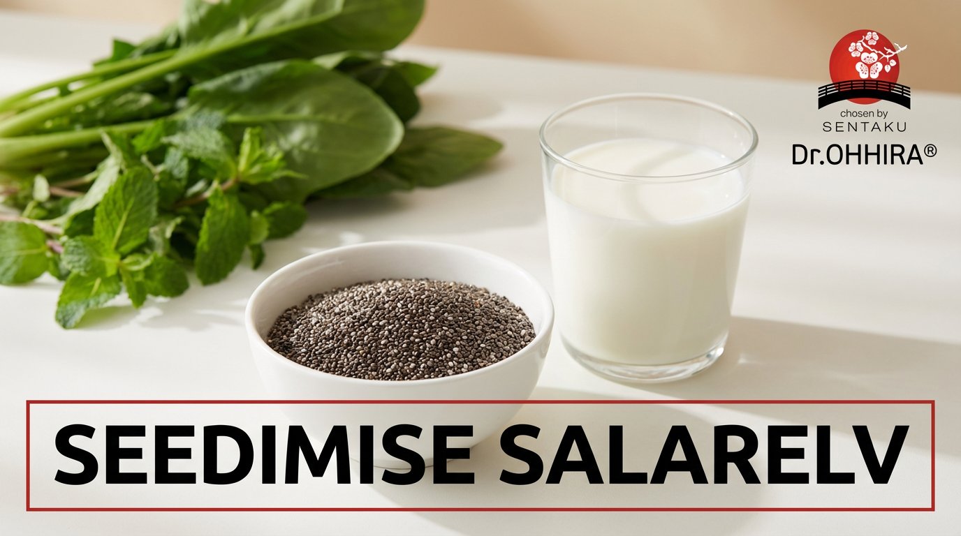 Миска с семенами чиа, стакан молока и зеленые листья на белом столе.