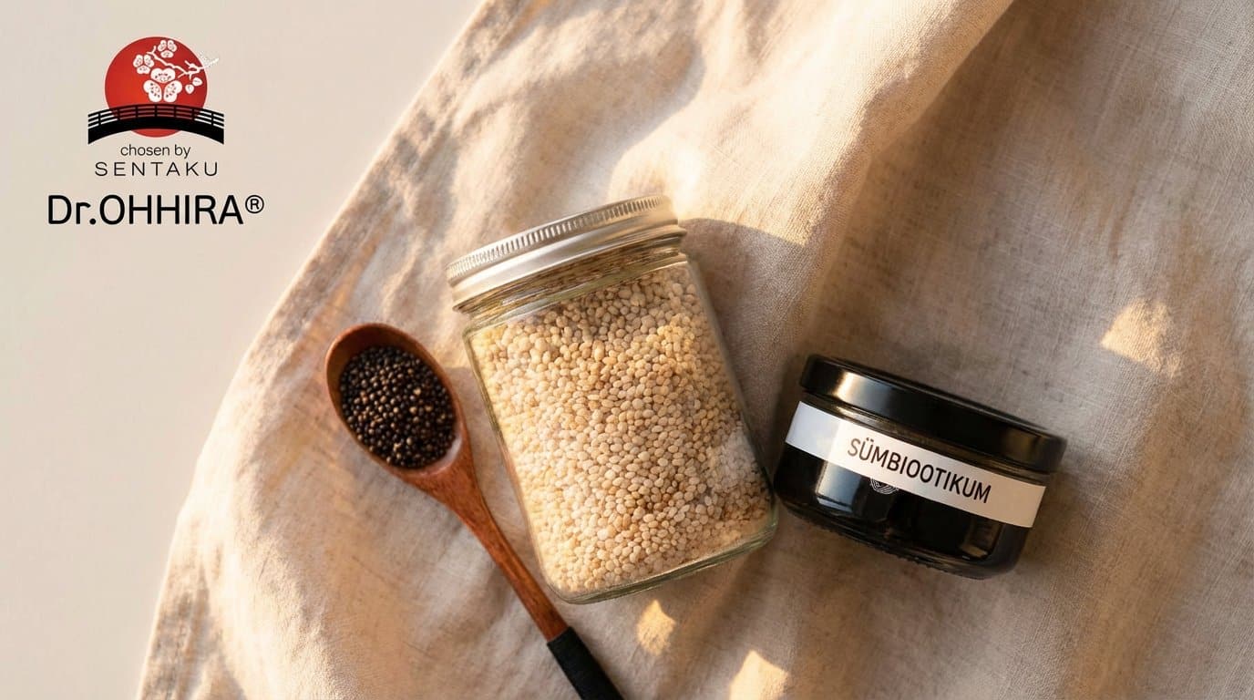 Логотип Dr. OHHIRA®, деревянная ложка с черными семенами, банка со светлыми семенами и банка SYMBIOOTIC на палочке.