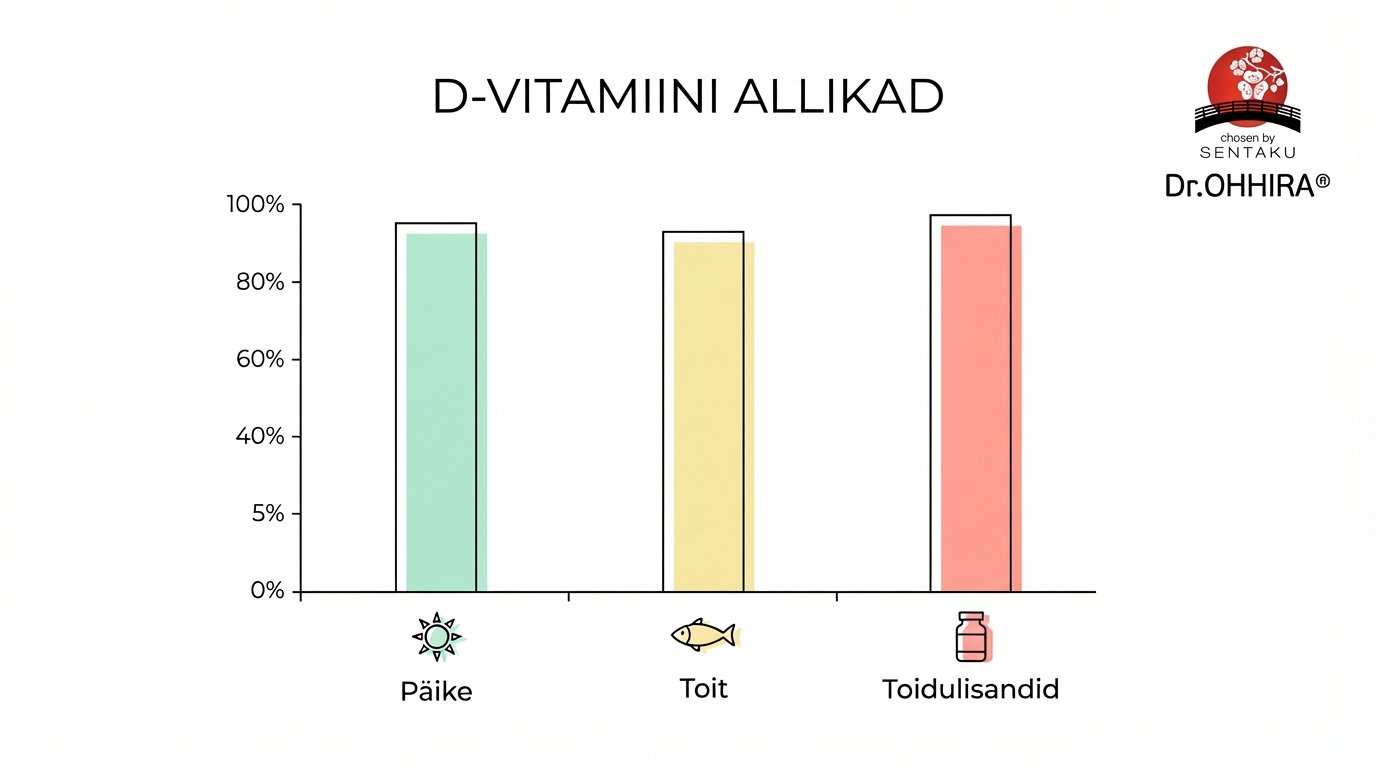 Tulpdiagramm näitab D-vitamiini allikaid: päike, toit ja toidulisandid, kõikide osakaalud on umbes 90-95%.