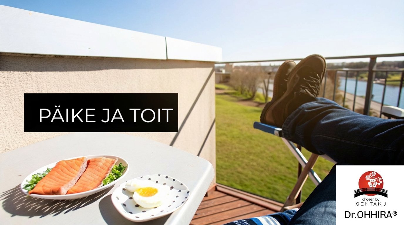 Päike paistab rõdul lamavale inimesele, kelle ees on tervislik eine: lõhe ja keedumuna.