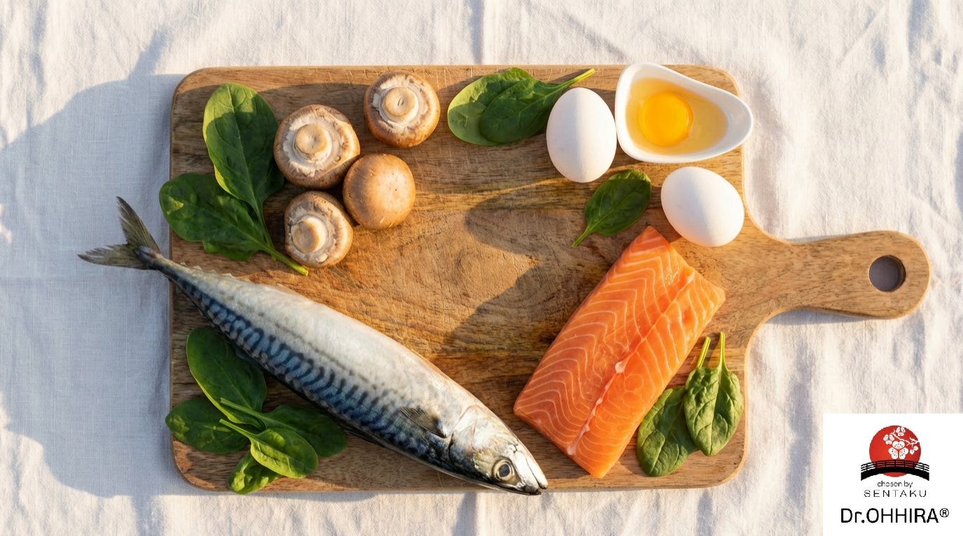 Lõikelaud D-vitamiini rikaste toitudega: makrell, lõhe, seened, munad ja spinat.