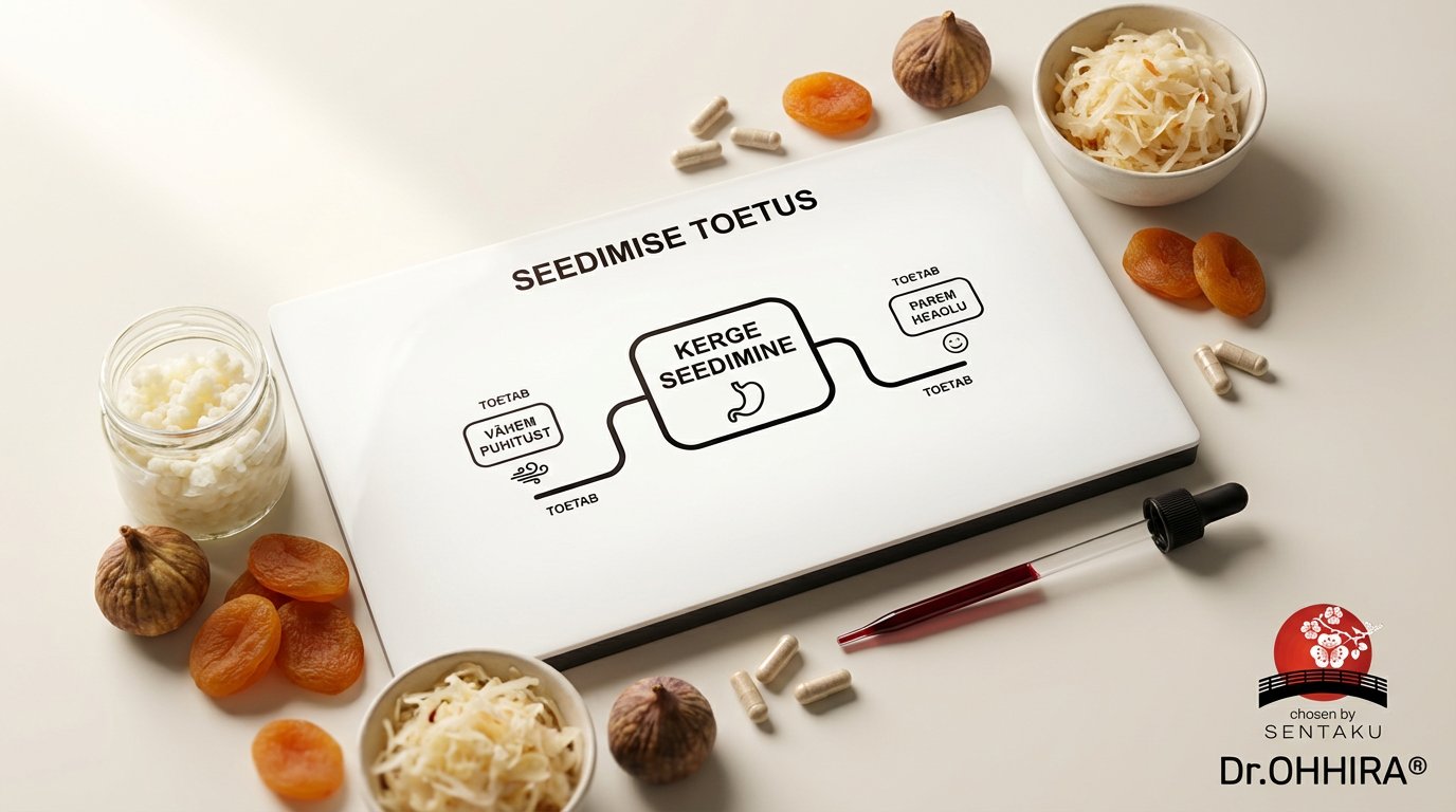 Разнообразные продукты и добавки для поддержки пищеварения. На столе лежат таблица, инжир, капсулы и квашеная капуста.
