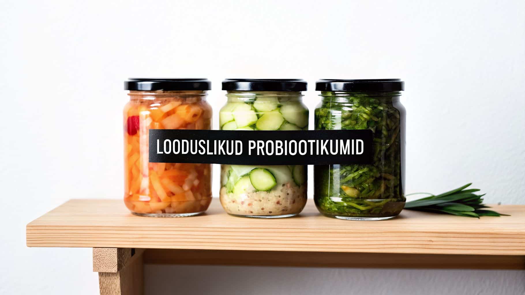 Три банки с натуральными ферментированными продуктами, такими как морковь, огурцы и зелень, на деревянной полке.