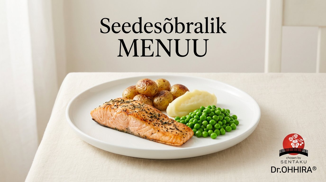 На тарелке - филе лосося на гриле, мелкий картофель, картофельное пюре и зеленый горошек. Над текстом.