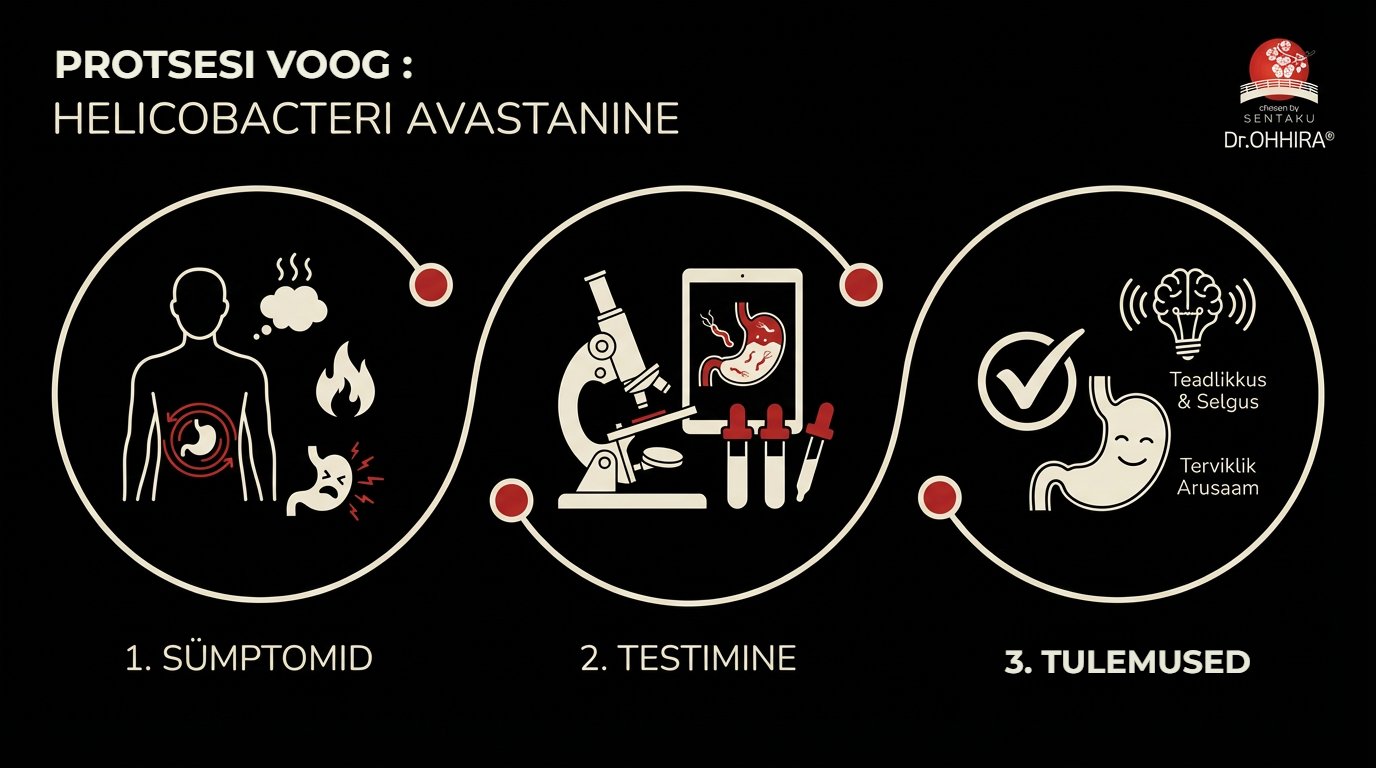 Инфографика о процессе обнаружения Helicobacter pylori: симптомы, тестирование и понимание результатов.