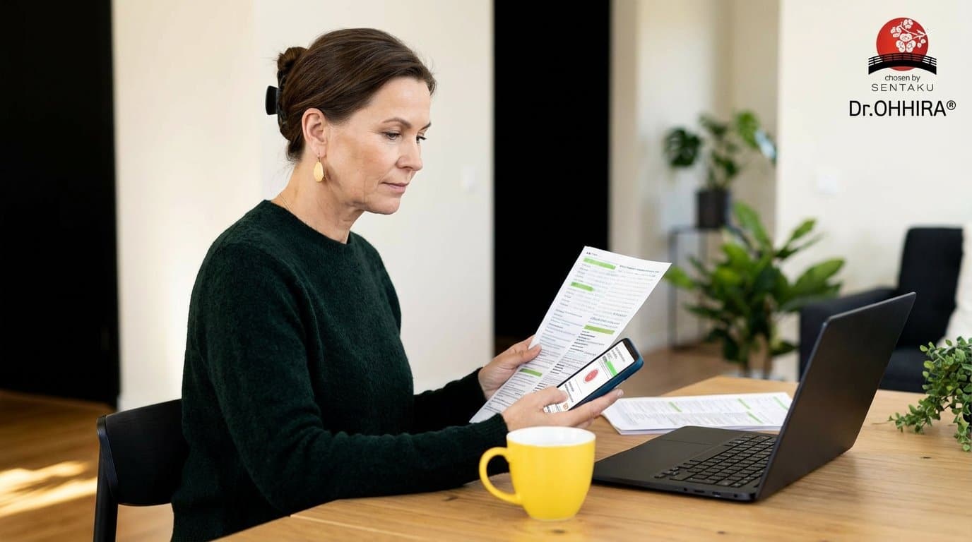 Женщина сидит за столом, просматривая документы и телефон, рядом с ней ноутбук и желтая кружка.