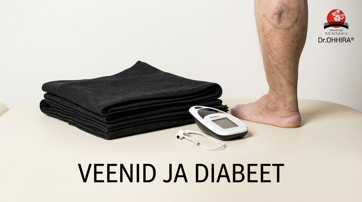 Inimese jalg varikoossete veenide ja väikese haavaga, glükoosimeeter ning mustad rätikud beezil laual. Teema: Veenid ja diabeet.