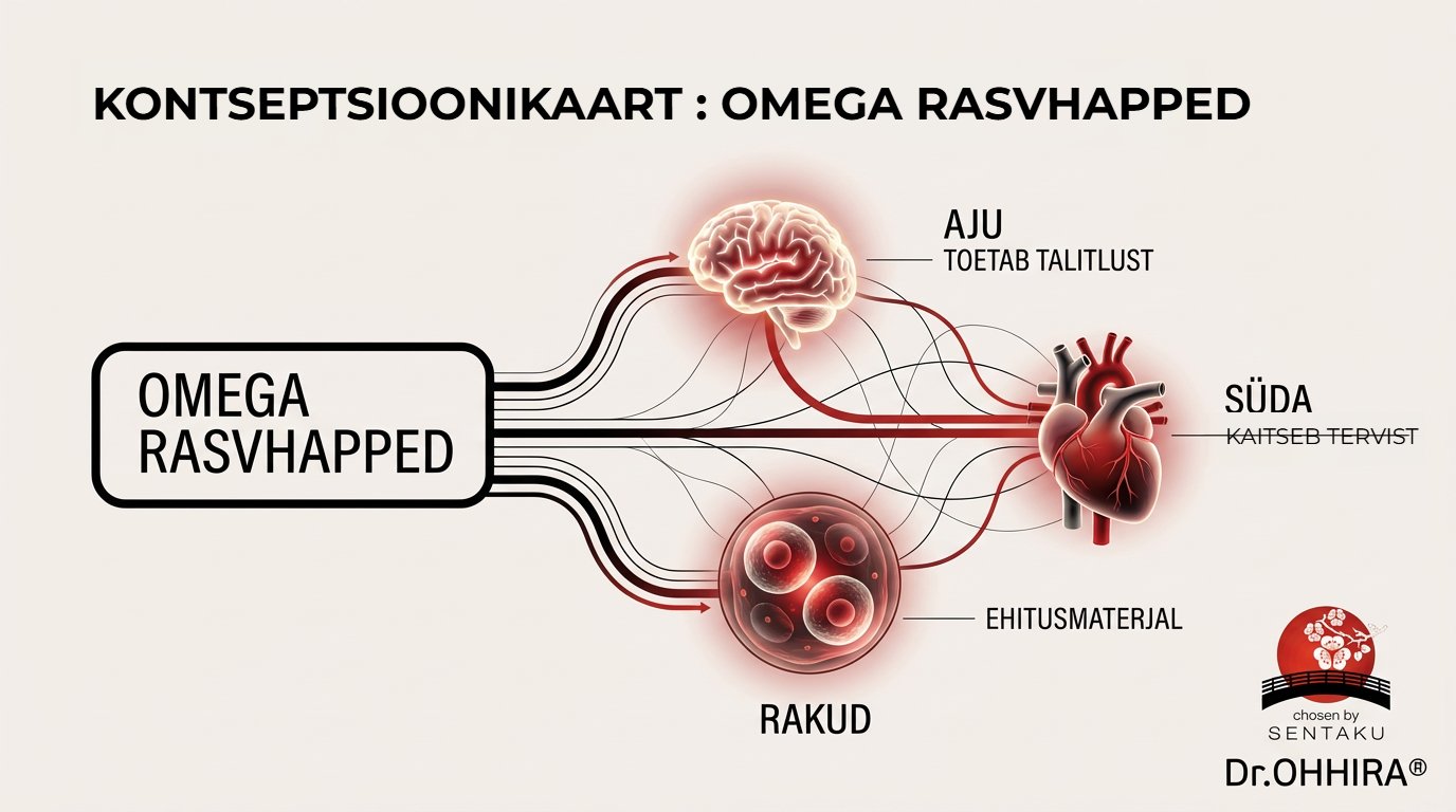 Концептуальная карта омега-жирных кислот, показывающая их пользу для мозга, сердца и клеток.