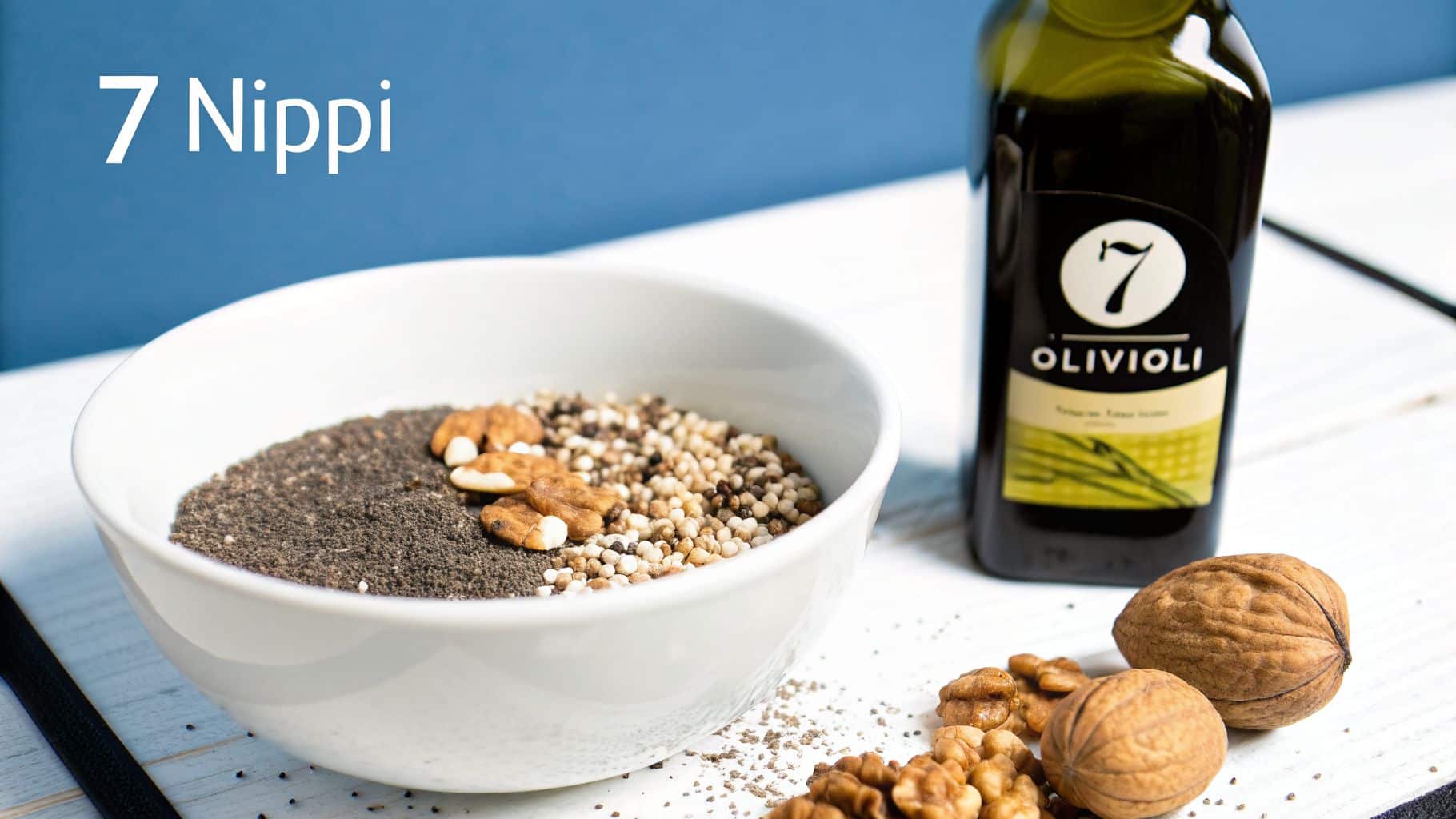 Миска с семенами чиа, орехами и злаками, бутылка с оливковым маслом и орехи на белой деревянной поверхности.