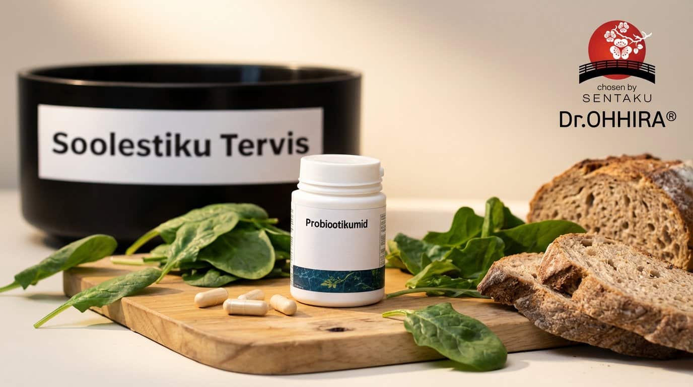 Бутылка с пробиотиками, шпинат и хлеб на деревянной разделочной доске символизируют здоровье кишечника.