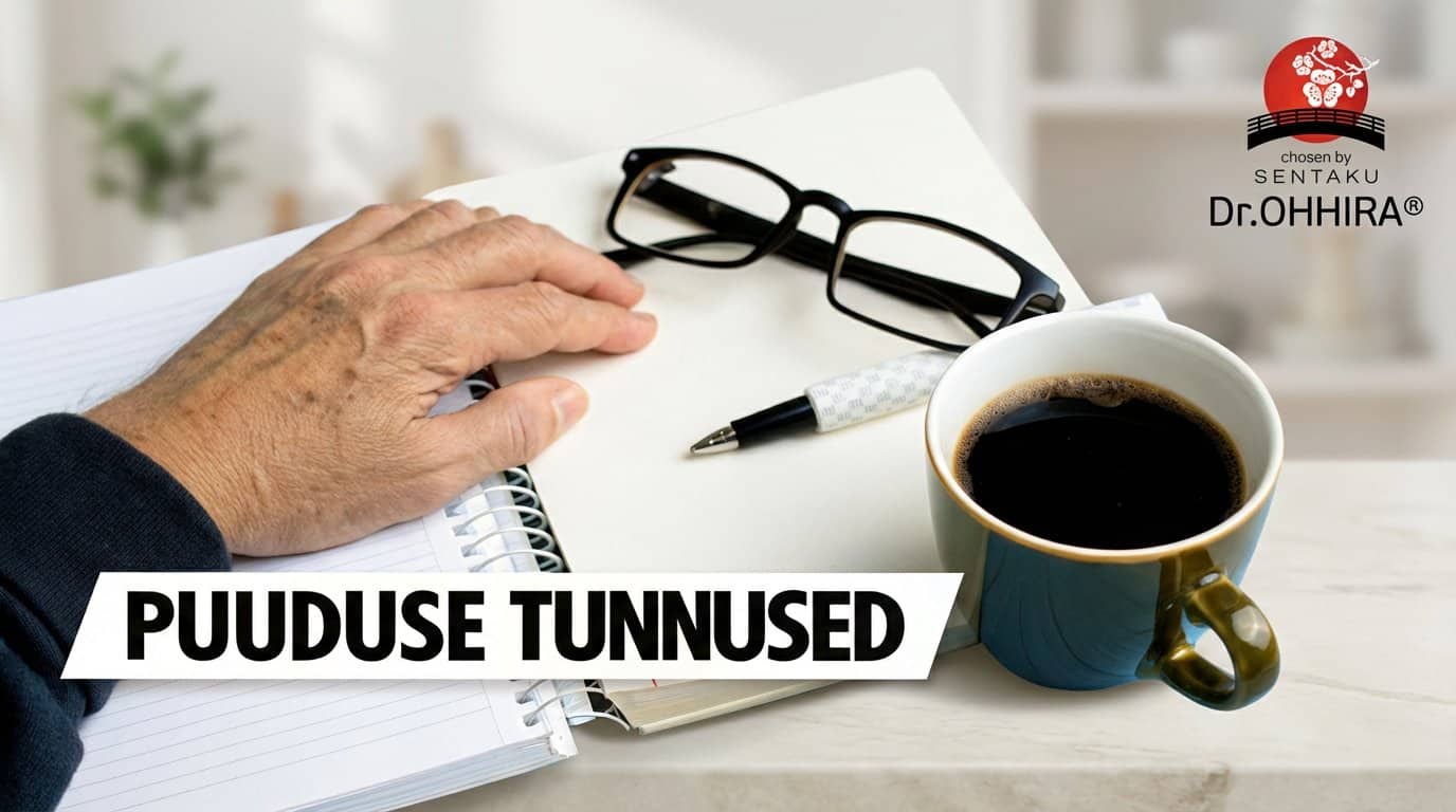 Inimese käsi laual avatud märkmikul, prillid, pastapliiats ja kohvitass. Esile tõstetud tekst 'PUUDUSE TUNNUSED'.