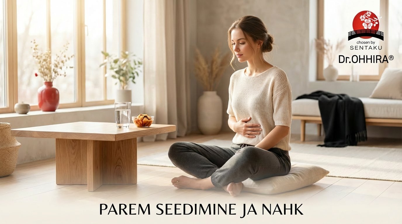 Naine istub põrandal, käed kõhul, viidates seedeprobleemidele. Reklaam paremale seedimisele ja nahale.