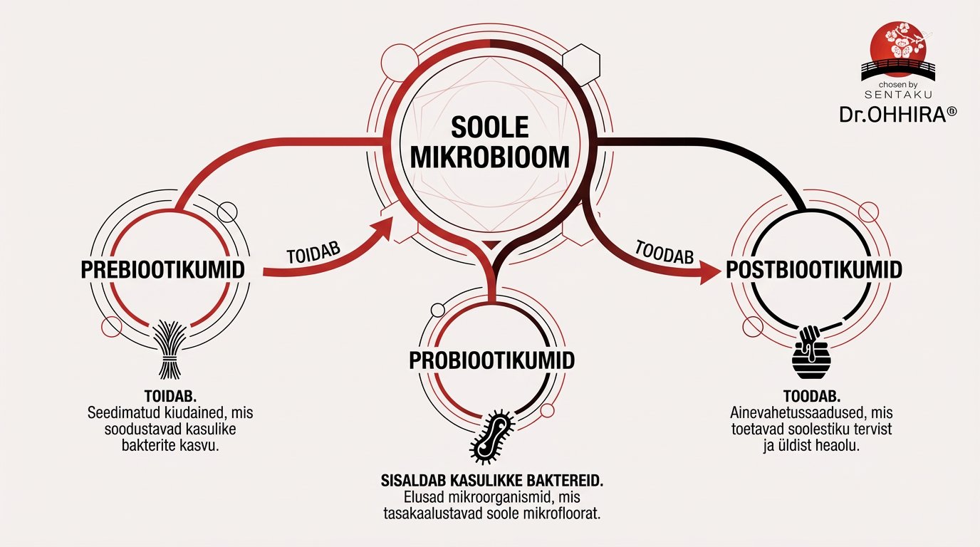 Diagramm selgitab soole mikrobioomi, prebiootikume, probiootikume ja postbiootikume ning nende seoseid.