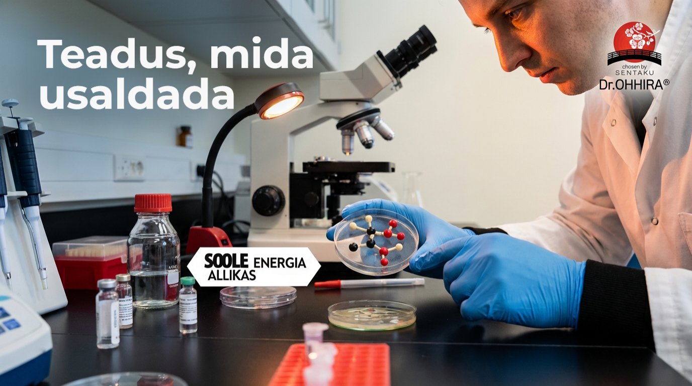 Teadlane laboris uurib molekulaarset mudelit, taustal mikroskoop ja laborivahendid.