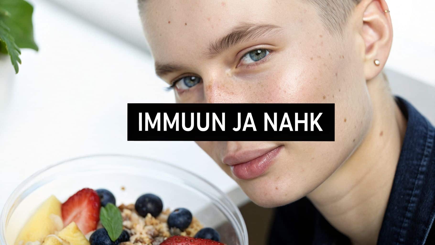 Lähivõte noorest inimesest, kes hoiab kaussi puuviljade ja müsliga. Pildil on tekst IMMUUN JA NAHK.