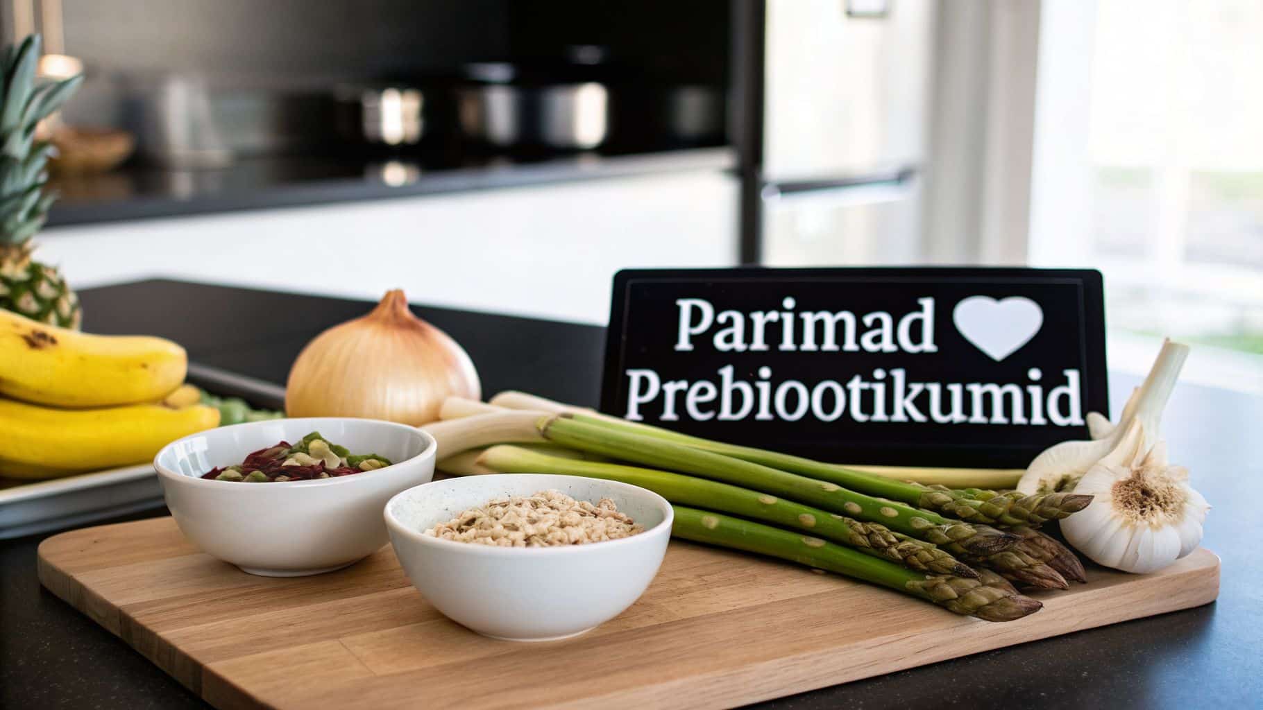 Puidust lõikelaual on spargel, küüslauk ja kaks kaussi teraviljadega. Tagaplaanil on sibul, banaanid ja ananass koos sildiga "Parimad Prebiootikumid".