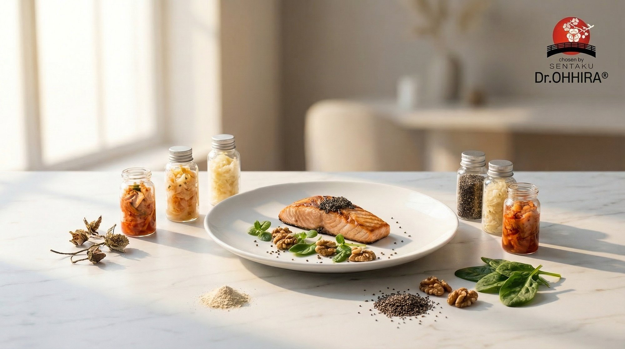 Taldrikul on grillitud lõhefilee, ümber pähklid, seemned, spinat ja kääritatud toidu purgid.