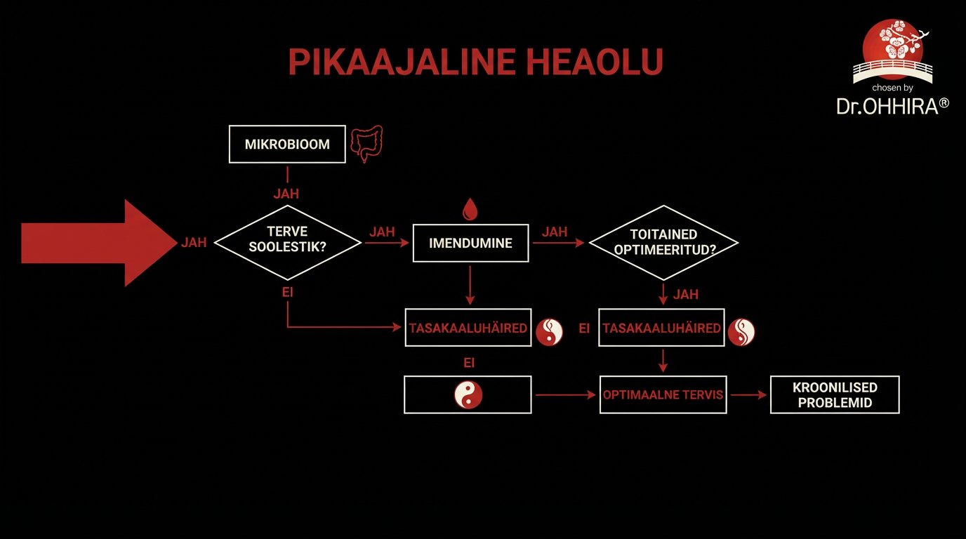Блок-схема, описывающая долгосрочное благополучие через микробиом, здоровье кишечника и усвоение питательных веществ.