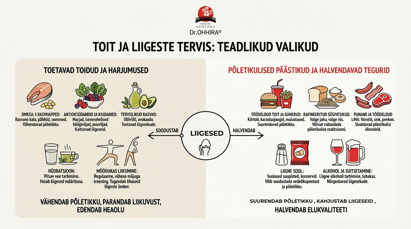 На рисунке показаны продукты и привычки, которые поддерживают или портят здоровье суставов.