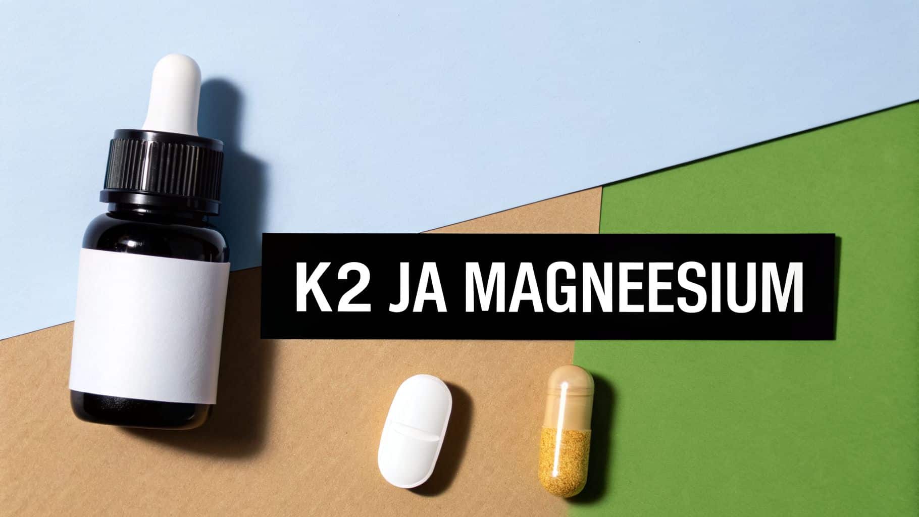 Композиция с темным флаконом, каплями, таблеткой и капсулой с текстом 'K2 AND MAGNESIUM' на цветном фоне.