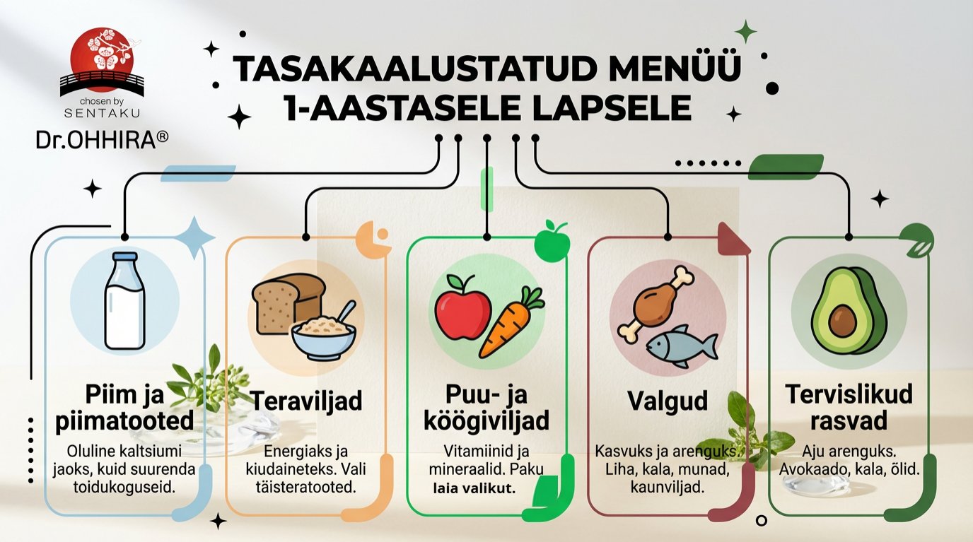 Infograafik tasakaalustatud menüüst 1-aastasele lapsele, mis jagab toiduained viide põhikategooriasse koos selgitustega.