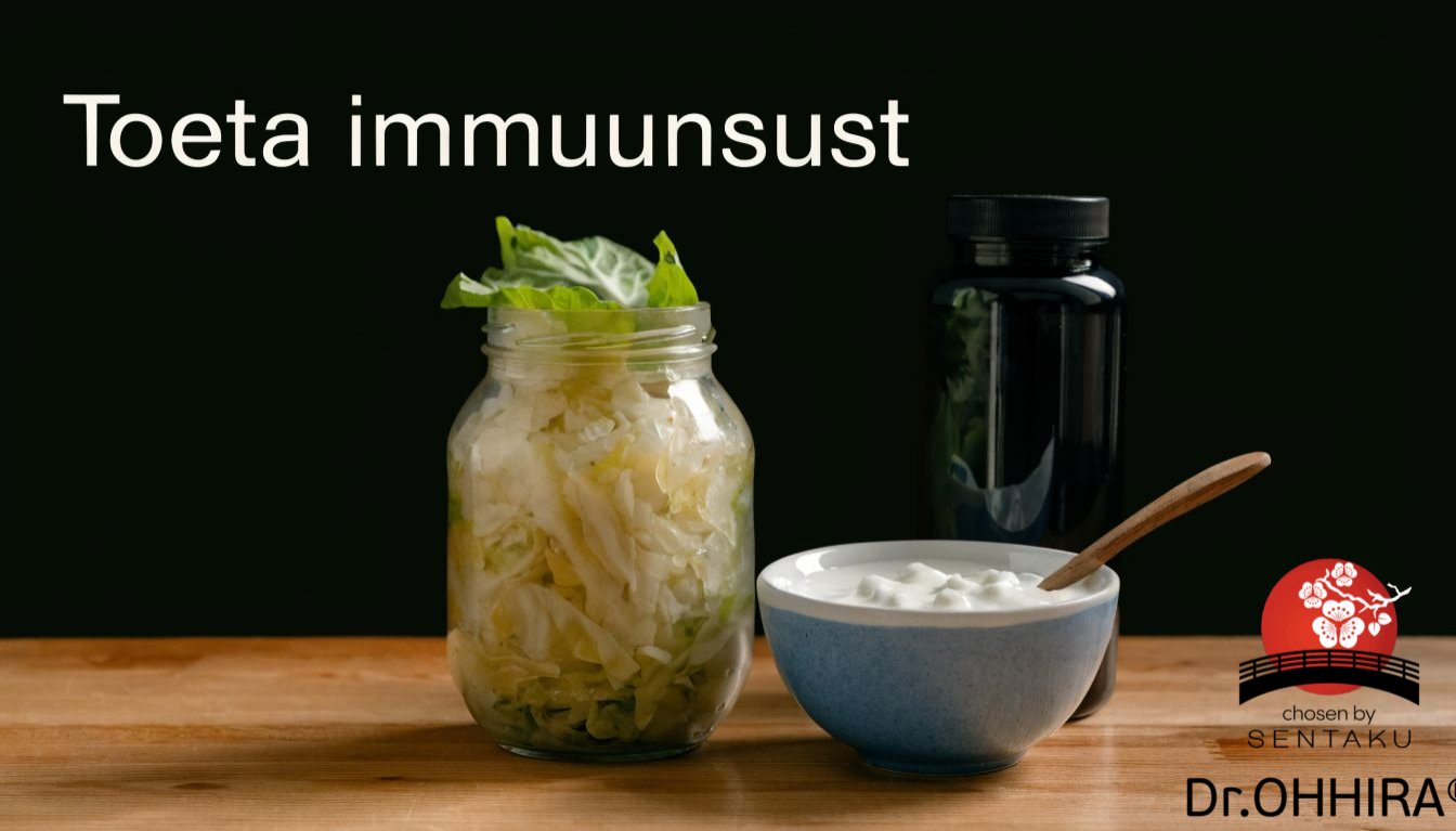 Pildil on hapukapsas purgis, jogurt kausis ja must pudel, mis toetavad immuunsust.