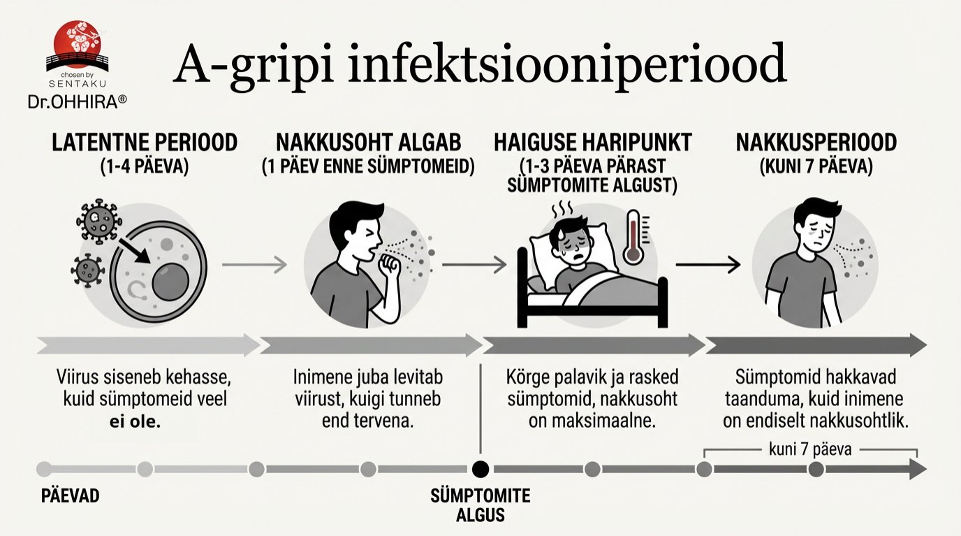 Joonis A-gripi infektsiooniperioodist, mis näitab viiruse sisenemist ja haiguse kulgu ajateljel.