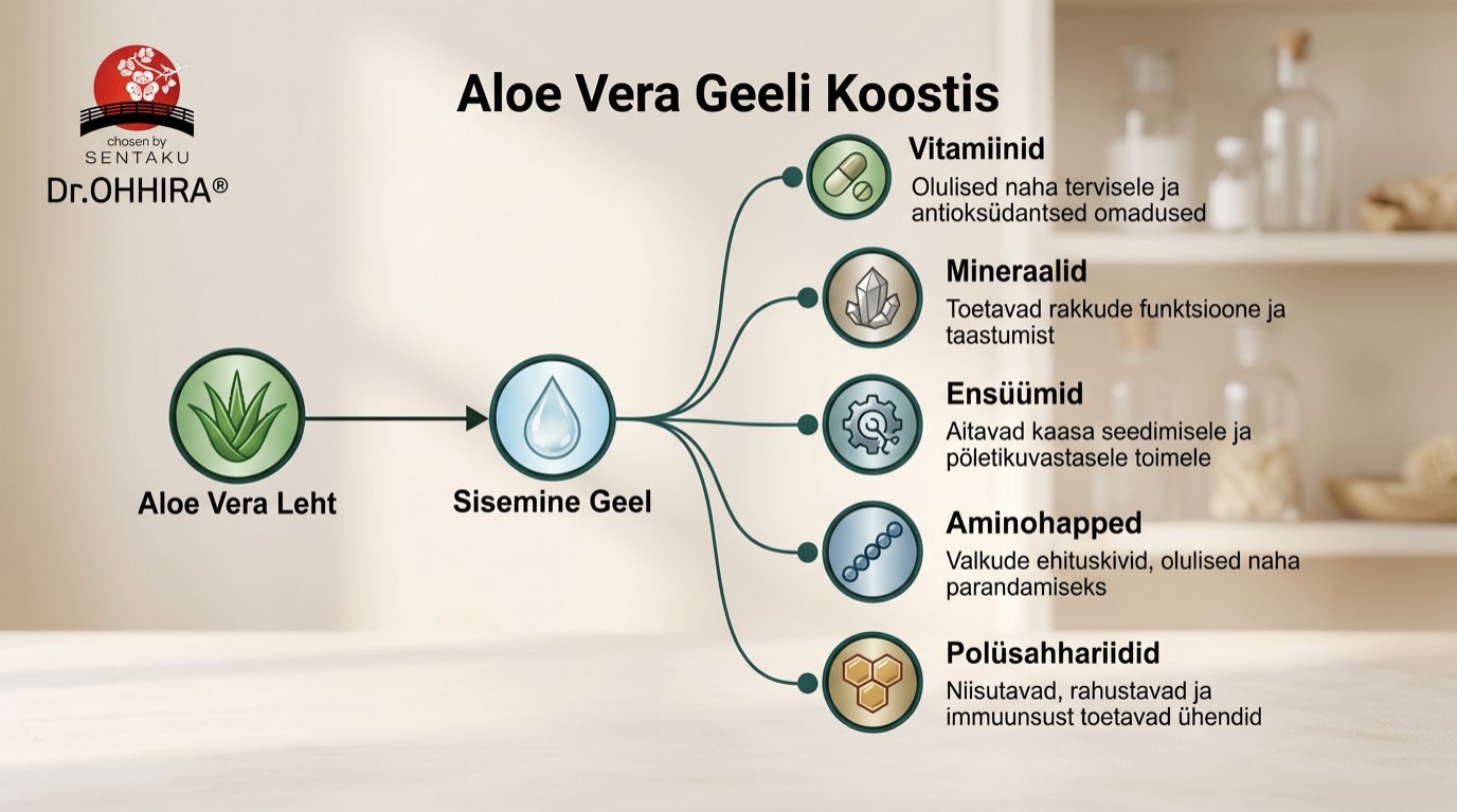 Aloe Vera geeli koostise diagramm, mis näitab selle erinevaid komponente ja nende omadusi.