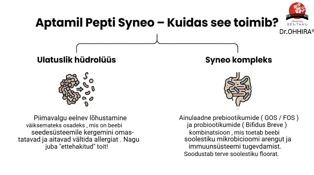 Infograafik Aptamil Pepti Syneo toimemehhanismist, selgitades ulatuslikku hüdrolüüsi ja Syneo kompleksi kasulikkust seedesüsteemile.