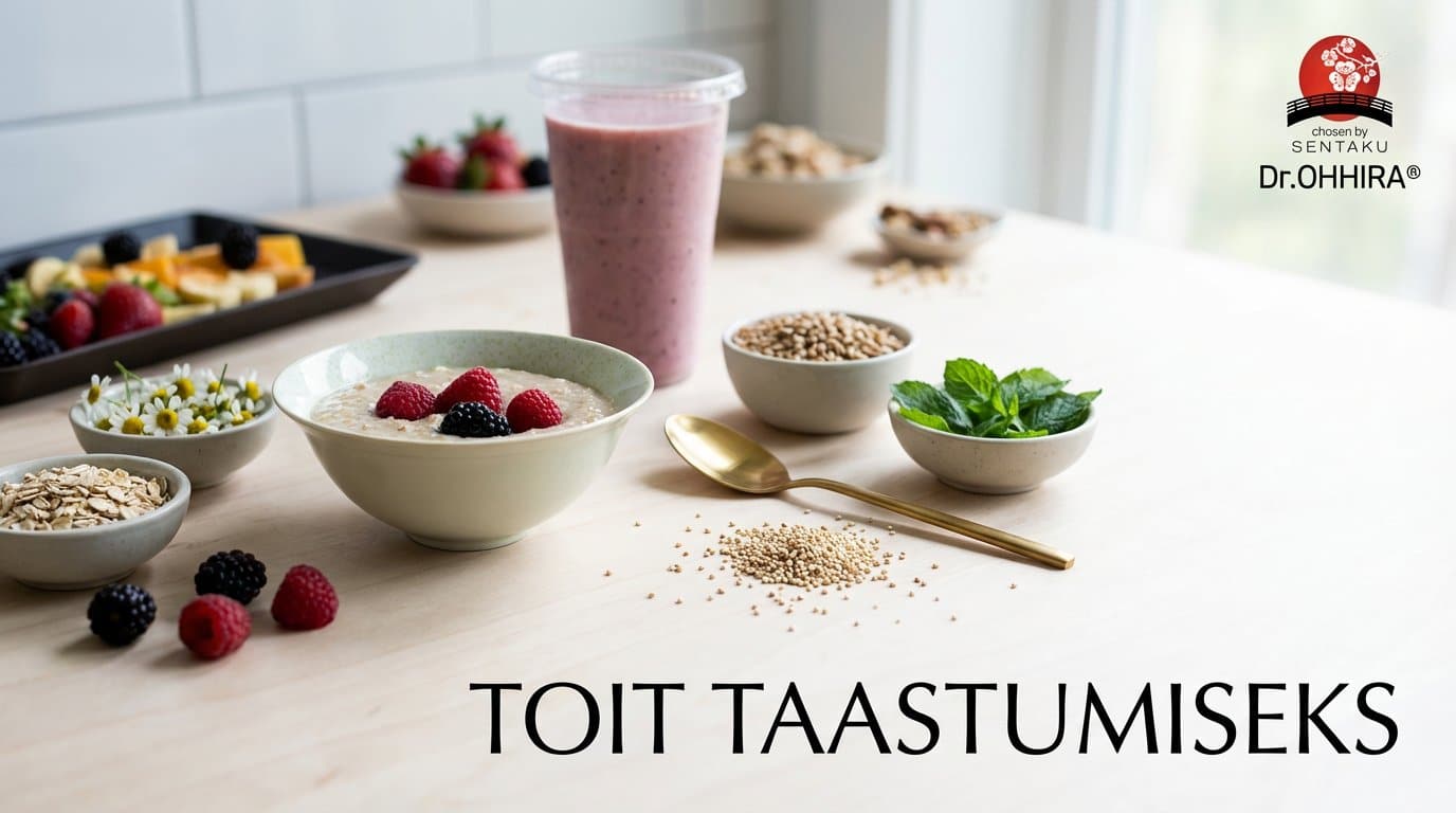 Laud hommikusöögiga: kaerahelbed marjadega, smuuti, puuviljasalat, kaer ja kinoa.