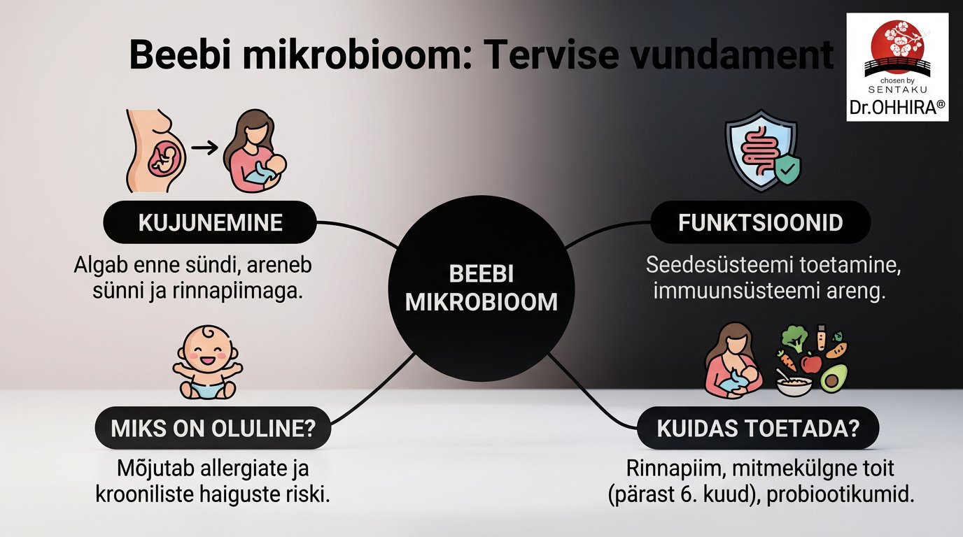 Pilt tutvustab beebi mikrobioomi, selle kujunemist, funktsioone, olulisust ja toetamise viise.