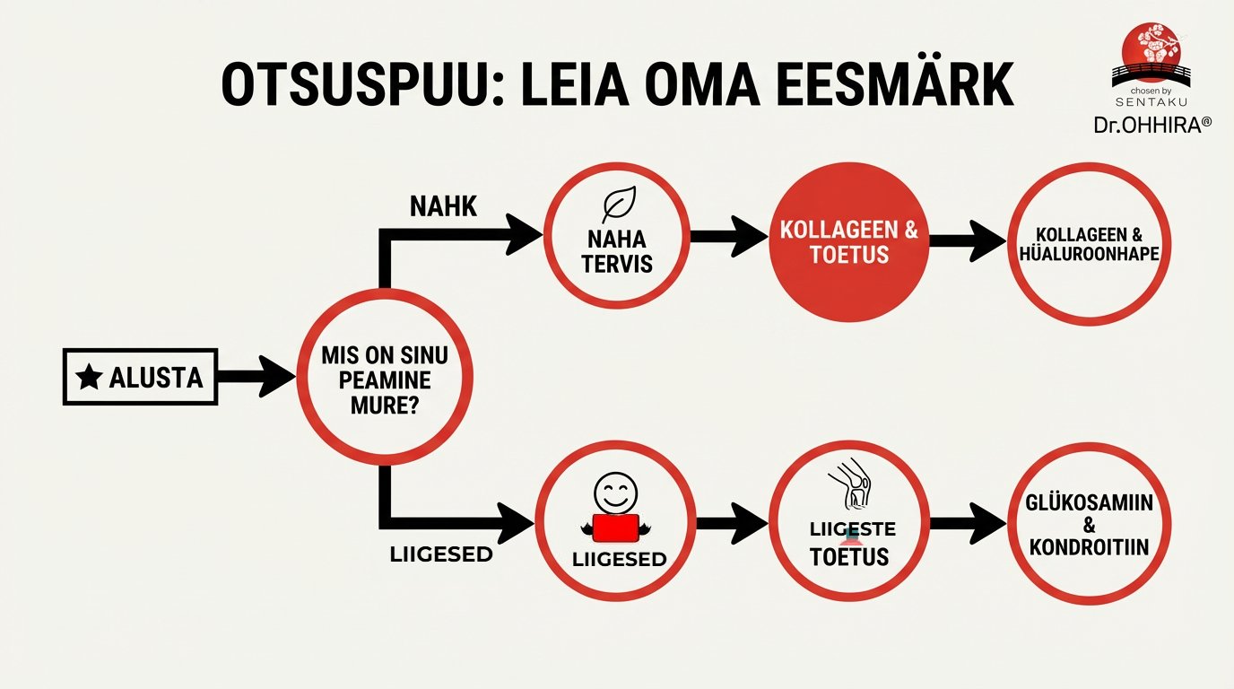 Eesmärgi leidmise otsustuspuu, mis aitab valida õige toidulisandi naha või liigeste toetuseks.