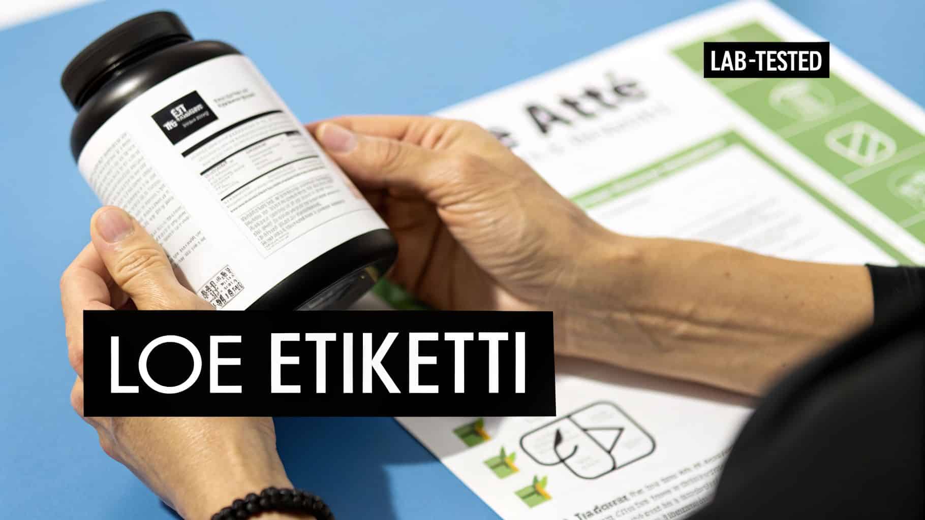 Inimene hoiab käes musta toidulisandi pudelit. Taustal on näha silt "LAB-TESTED" ja tekst "LOE ETIKETTI".