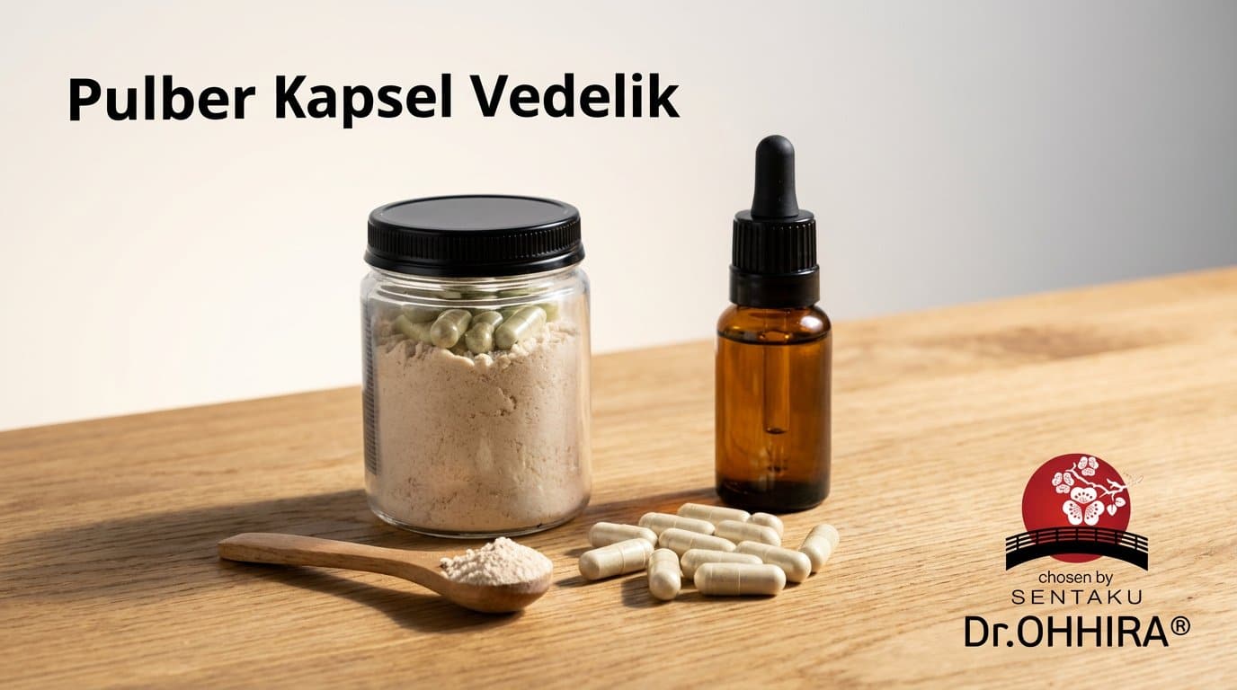 Purgis pulber ja kapslid, tilgapudel ning puulusikas toidulisanditega puidust laual.