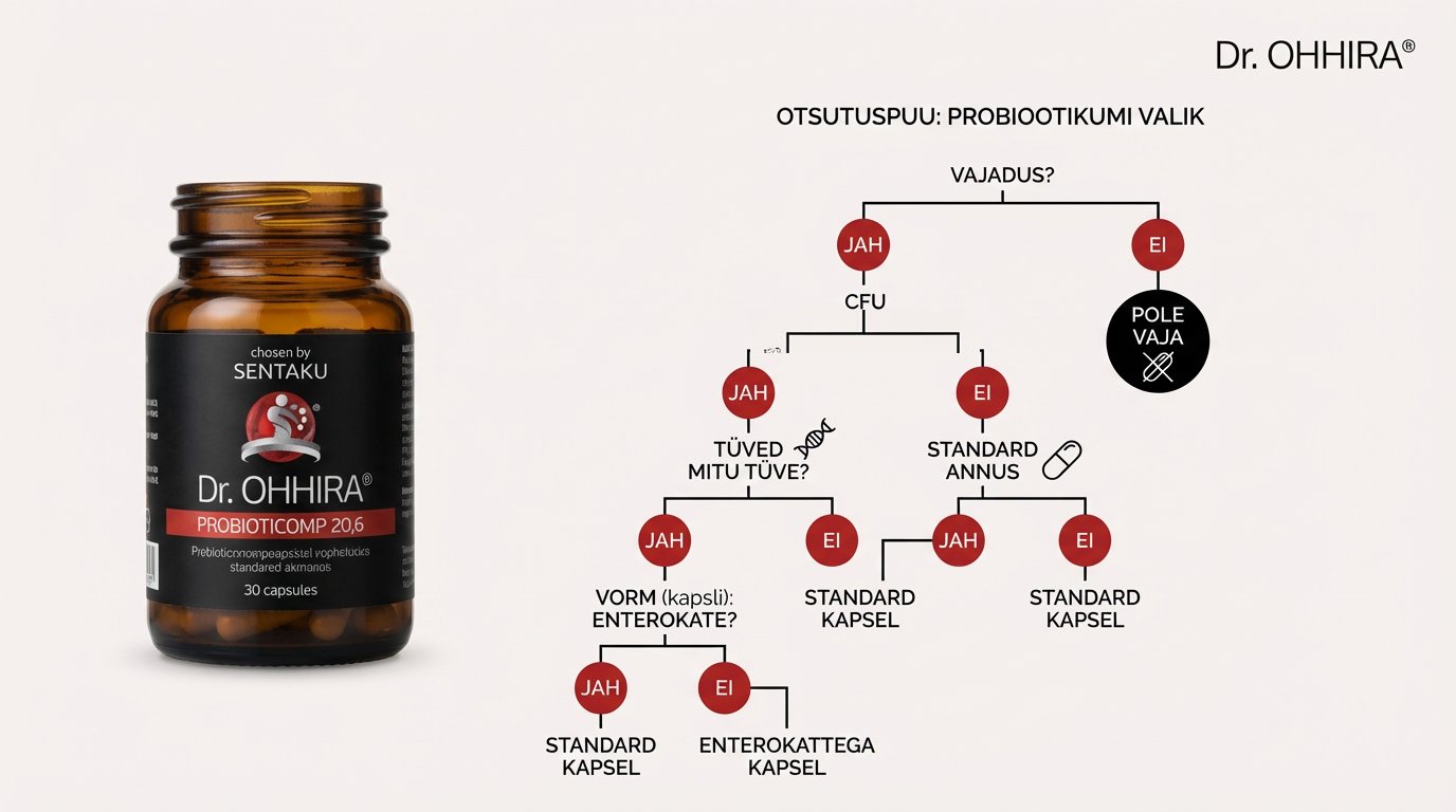 Dr. OHHIRA probiootikumide pudel ja otsustuspuu probiootikumide valiku kohta.