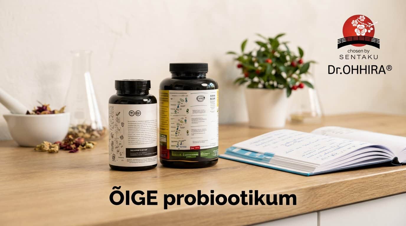 Kaks Dr.OHHIRA® probiootikumi pudelit puidust laual, taustal laborivahendid ja märkmik.