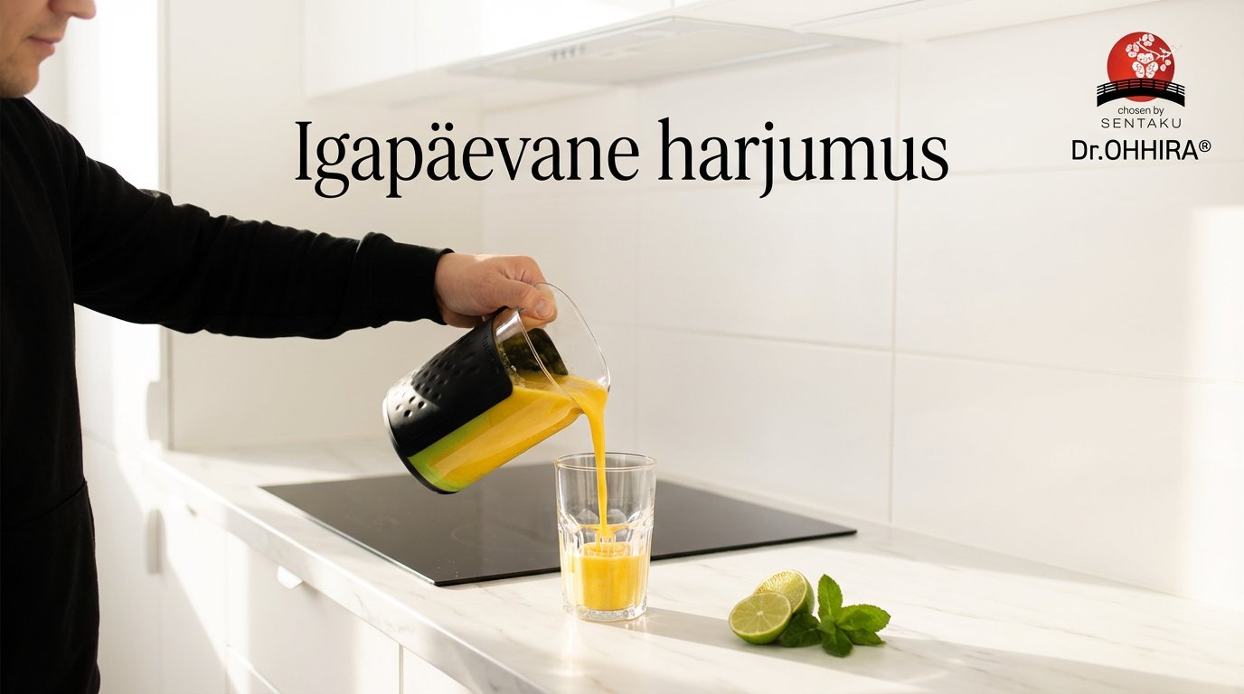 Köögi tööpind, kus mees valab kannust klaasi kollast jooki. Laual laim ja piparmünt.