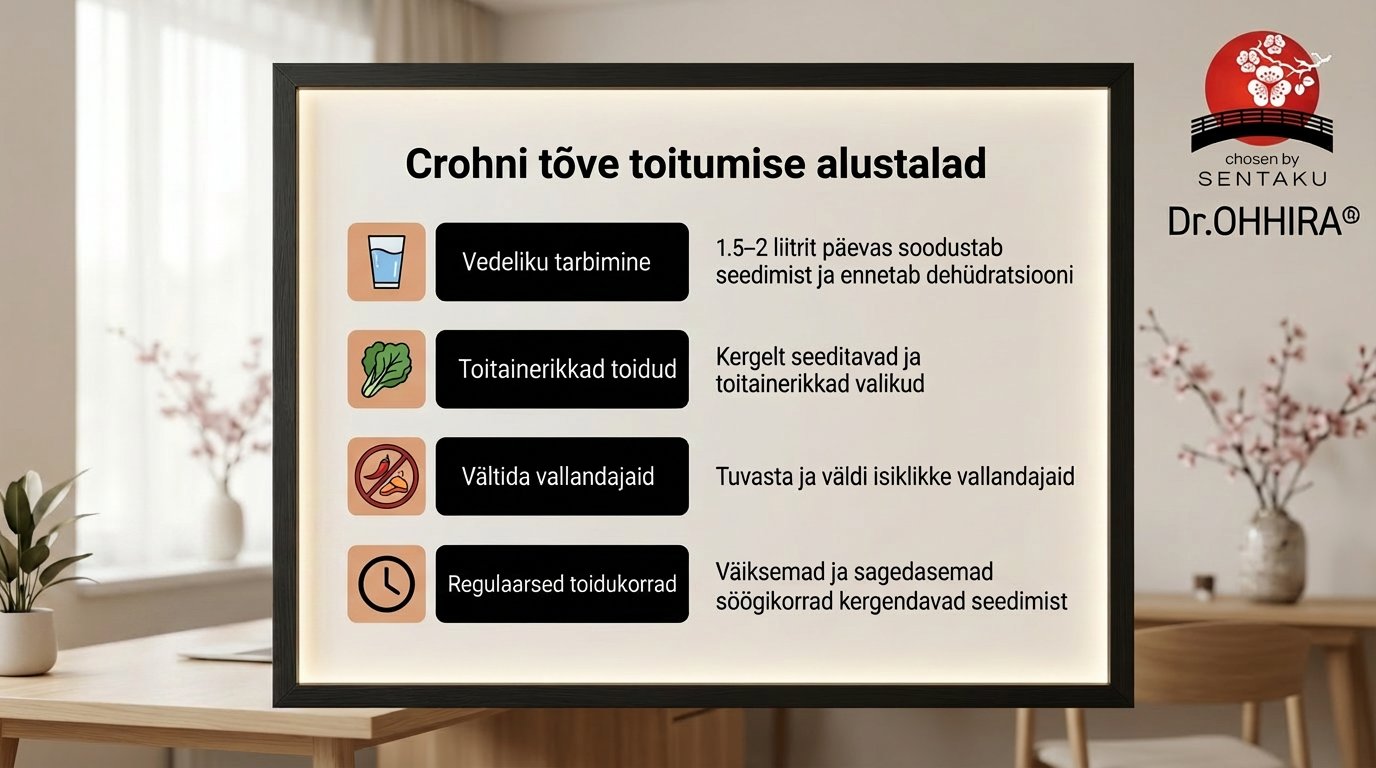 Infograafik Crohni tõve toitumise alustaladest, selgitades vedeliku tarbimist, toiduvalikuid ja söömisharjumusi.