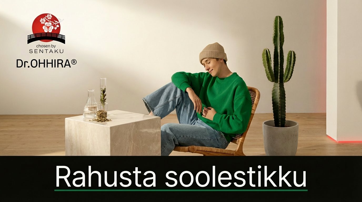 Noor mees istub tugitoolis, tema kõrval on laud laboriklaaside ja kaktusega. Brändi logo Dr.OHHIRA®.