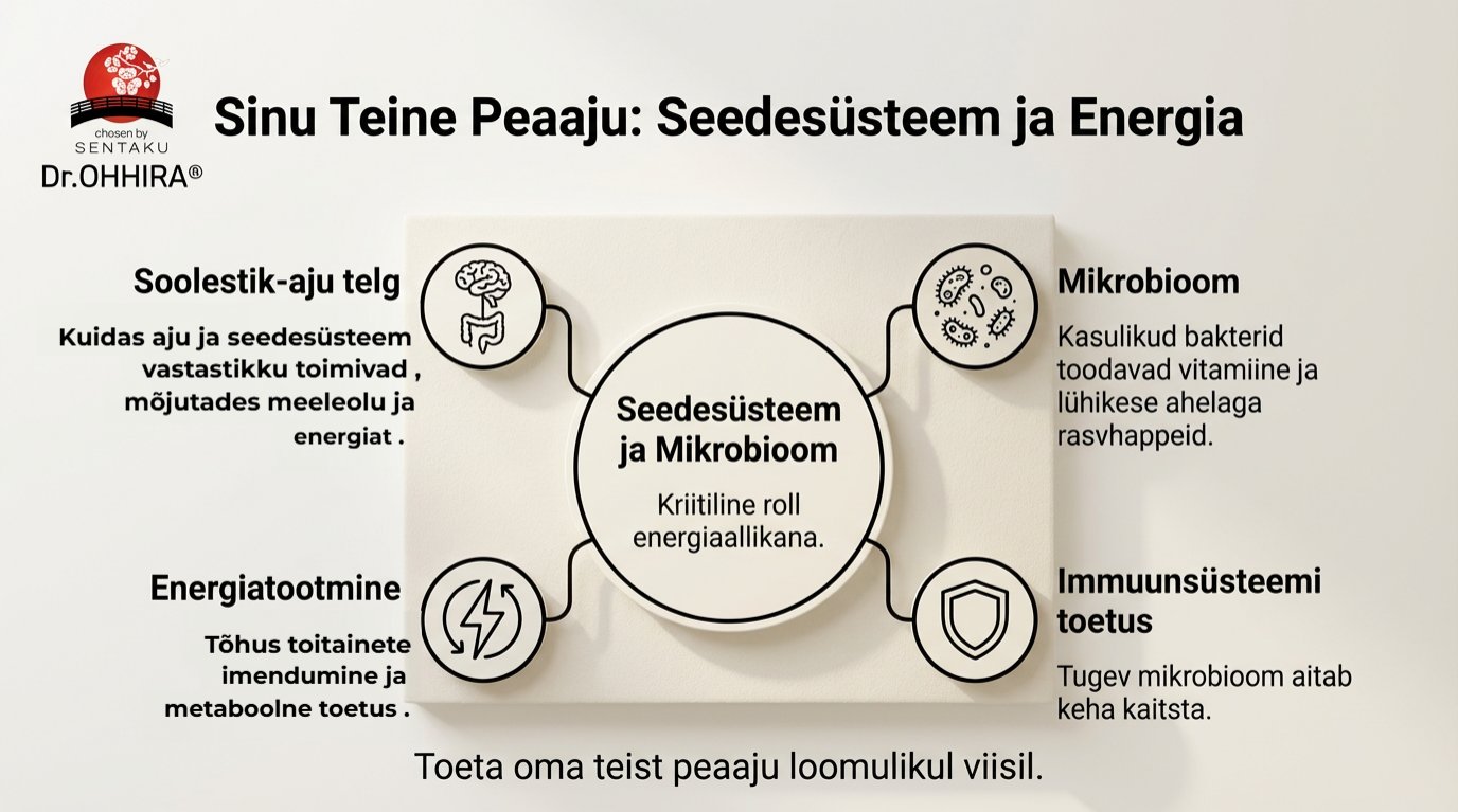 Skeem seedesüsteemi ja mikrobioomi olulisusest energia, meeleolu ja immuunsüsteemi toetamisel.