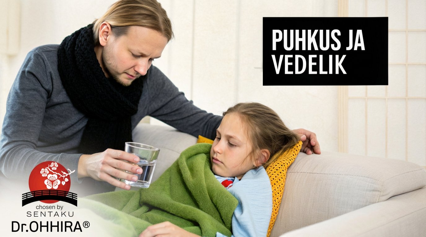 Täiskasvanu annab haigele lapsele vett, kes puhkab diivanil rohelise teki all.