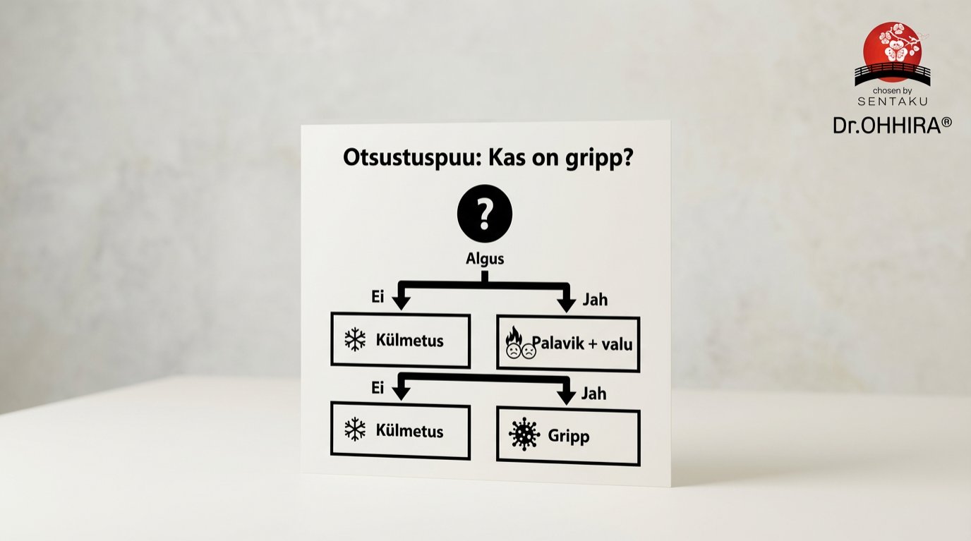 Gripi otsustuspuu, mis aitab eristada külmetust gripist küsimuste abil.